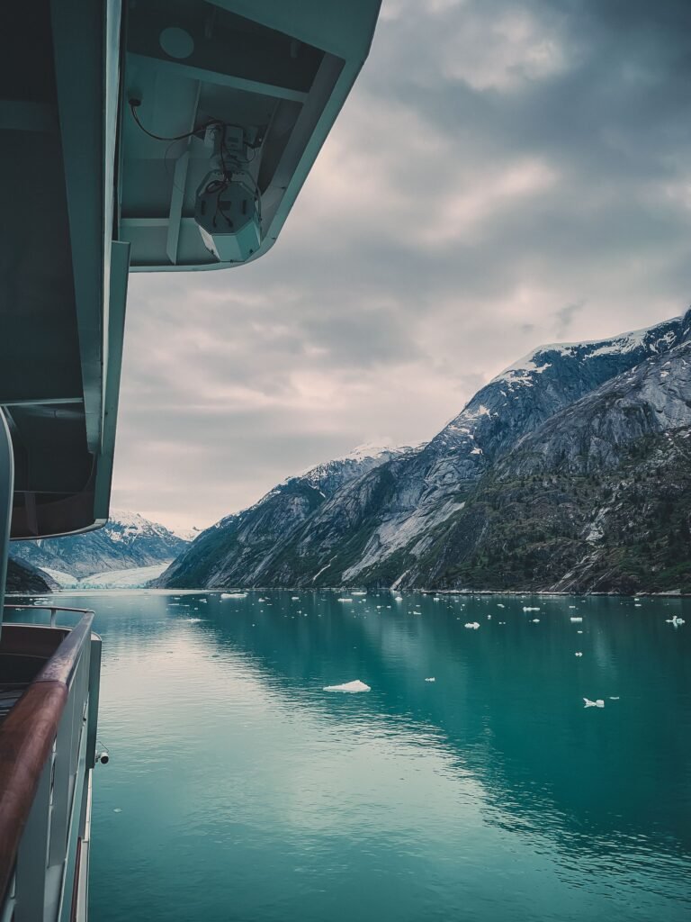 View of an Alaska glacier and fjord from a cruise ship balcony