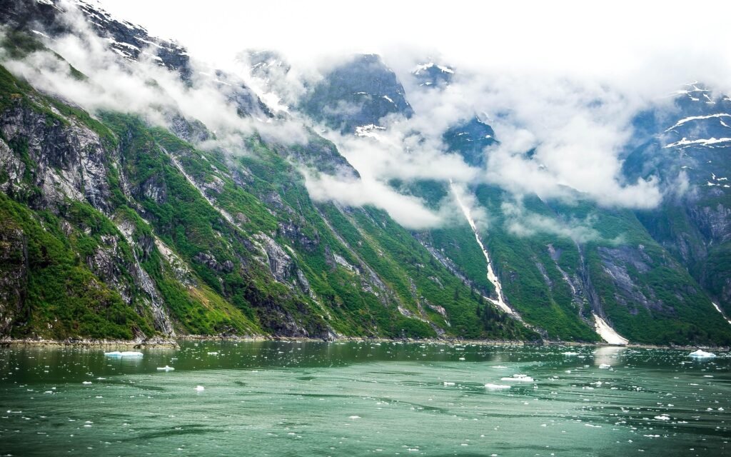 Steep glacier-carved walls dropping into the ice-dotted green water of Tracy Arm fjord, Southeast Alaska