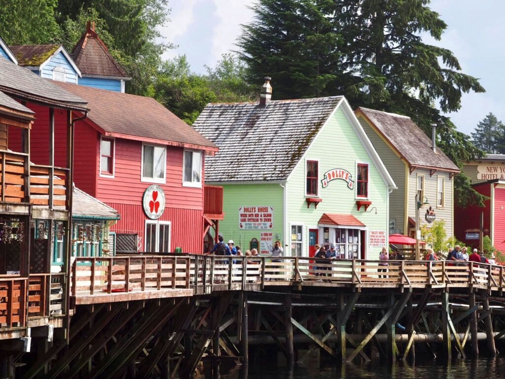 Historic Creek Street boardwalk on pilings over the water in Ketchikan, Alaska